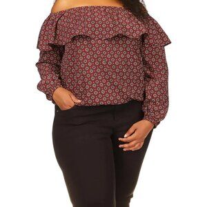 MICHAEL KORS Womens Burgundy Printed Long Sleeve Off Shoulder Peasant Top 3X NEW